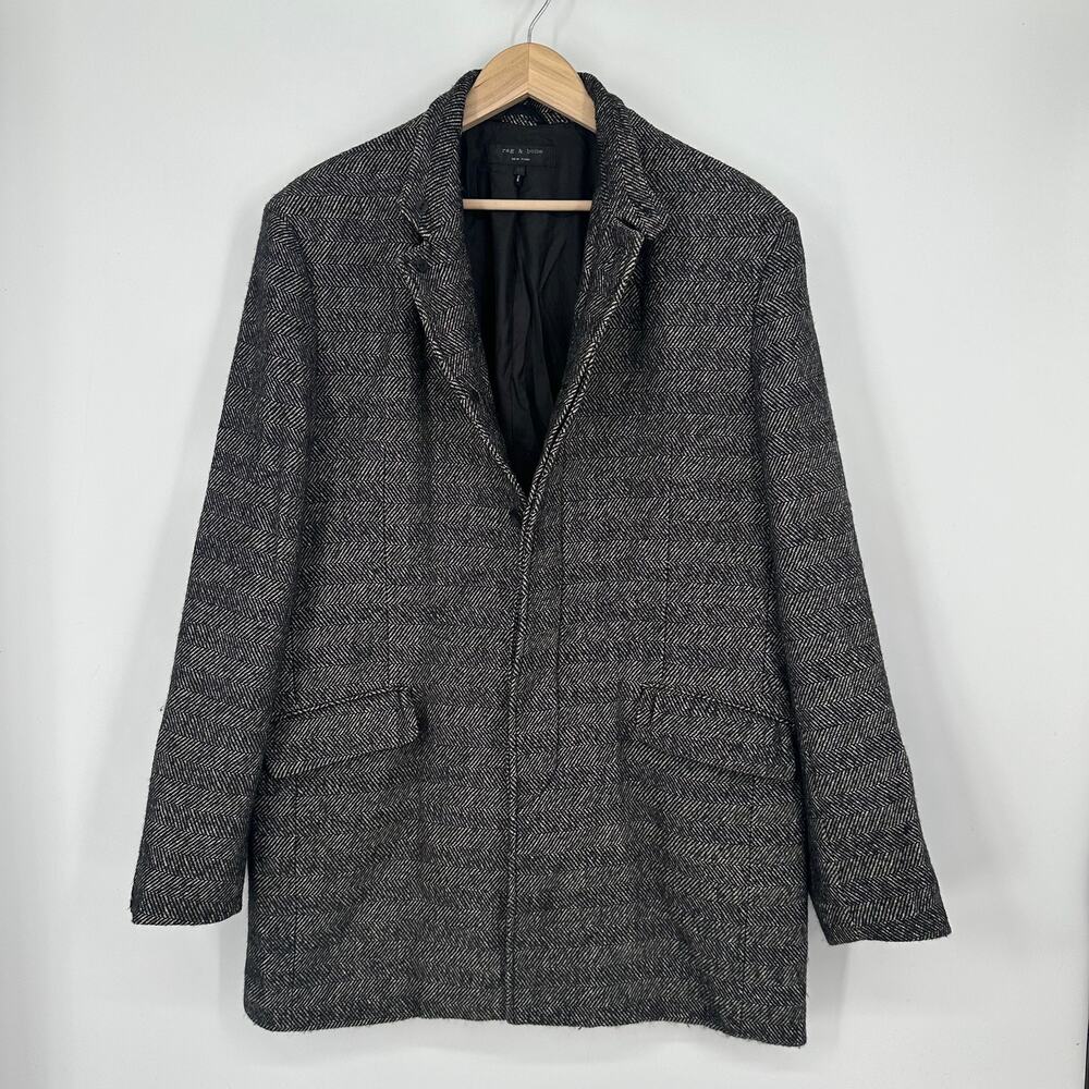 Rag & Bone Men's Herringbone Coat Cotton Wool Linen Blend Jacket, Black/ Gray